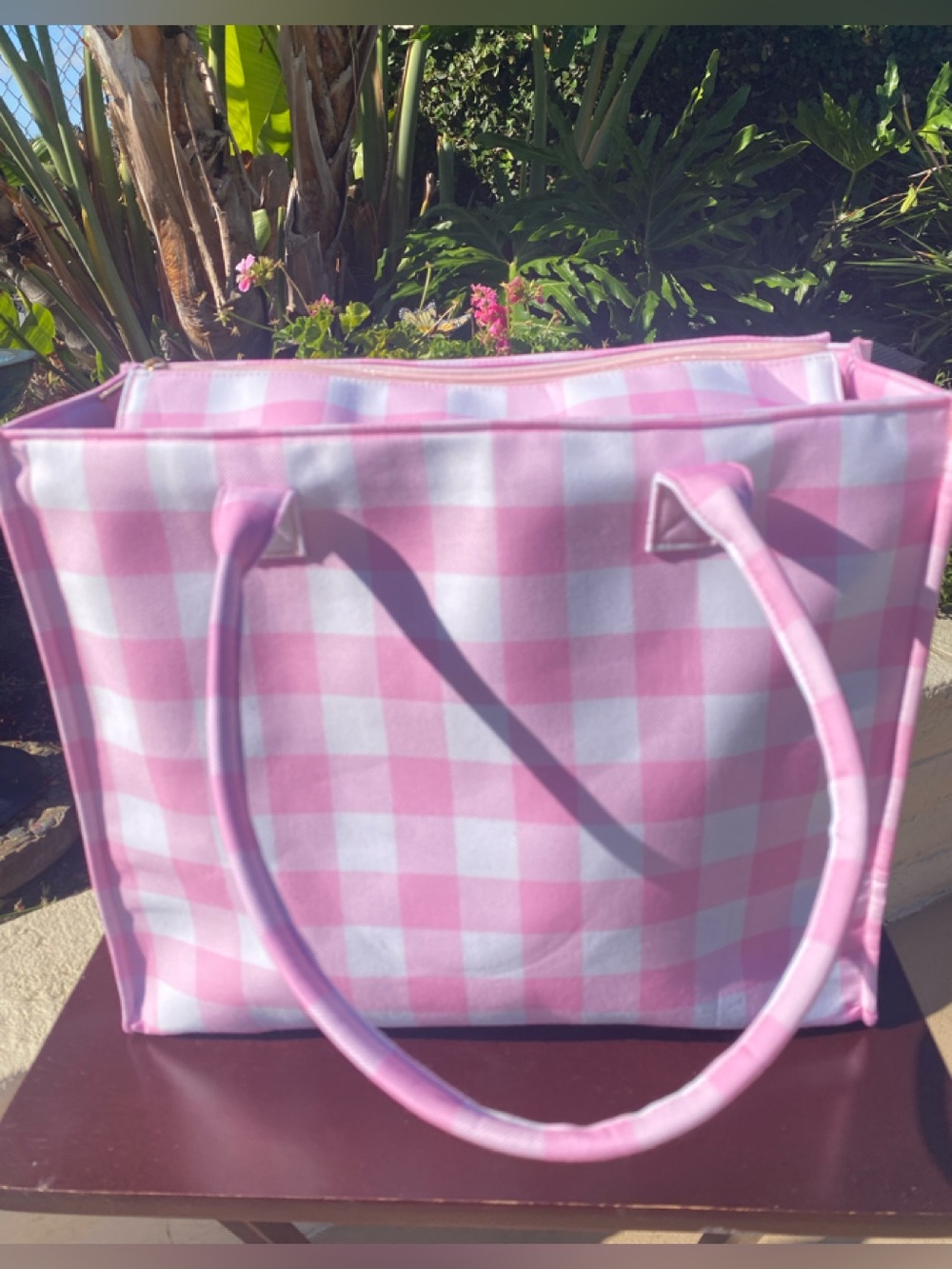 Pink Gingham Tote Bag with Top Zip Closure
